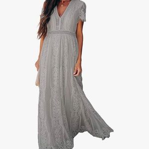 Women Deep V Neck Short Sleeve Floral Lace Bridesmaid Maxi Dress Cocktail Party